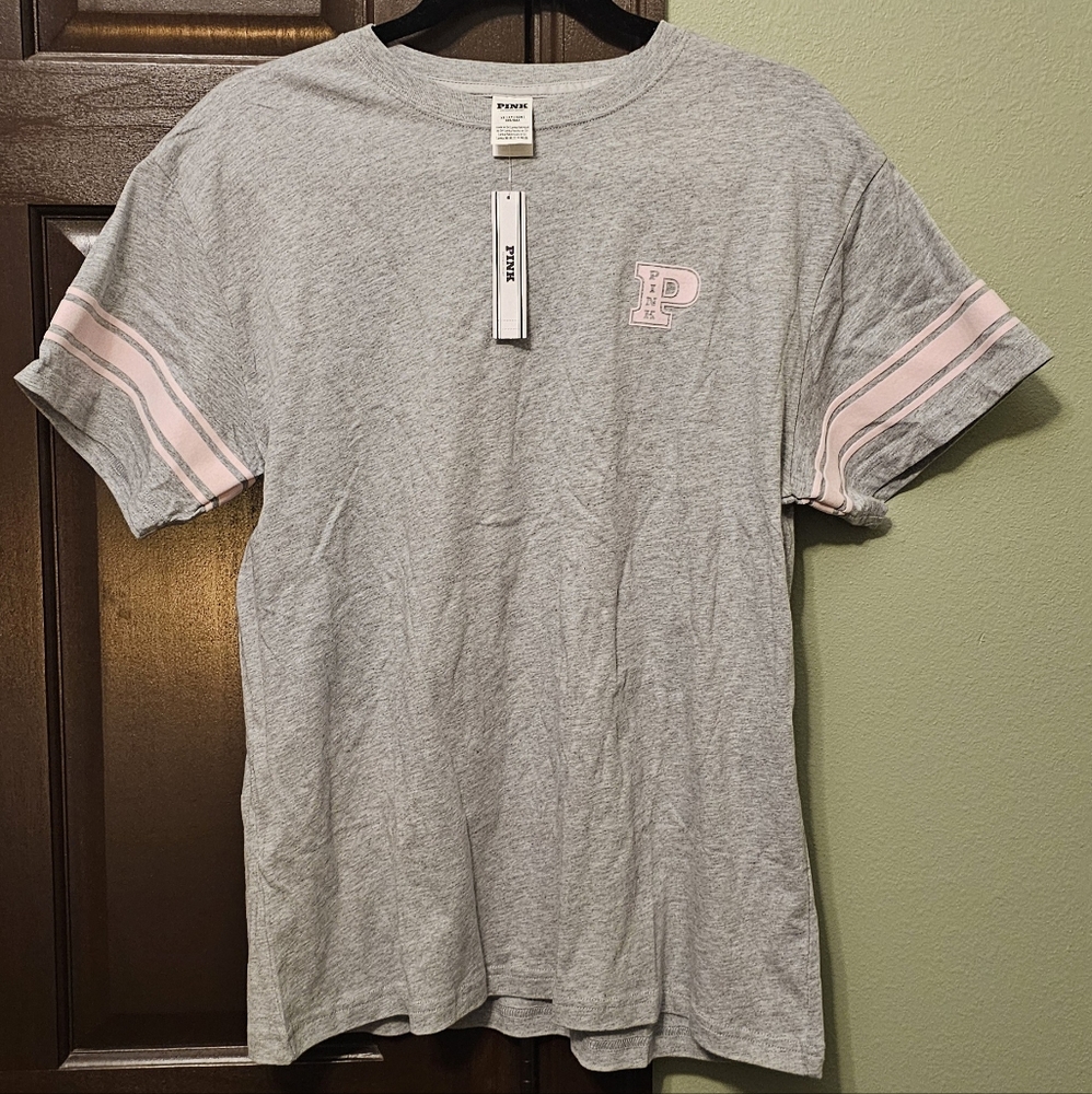 Victoria Secret PINK t shirt, XS, gray with pink sleeve stripe